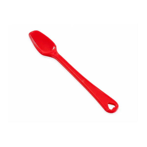Single red coloured plastic spoon for everyday use in Pakistan
