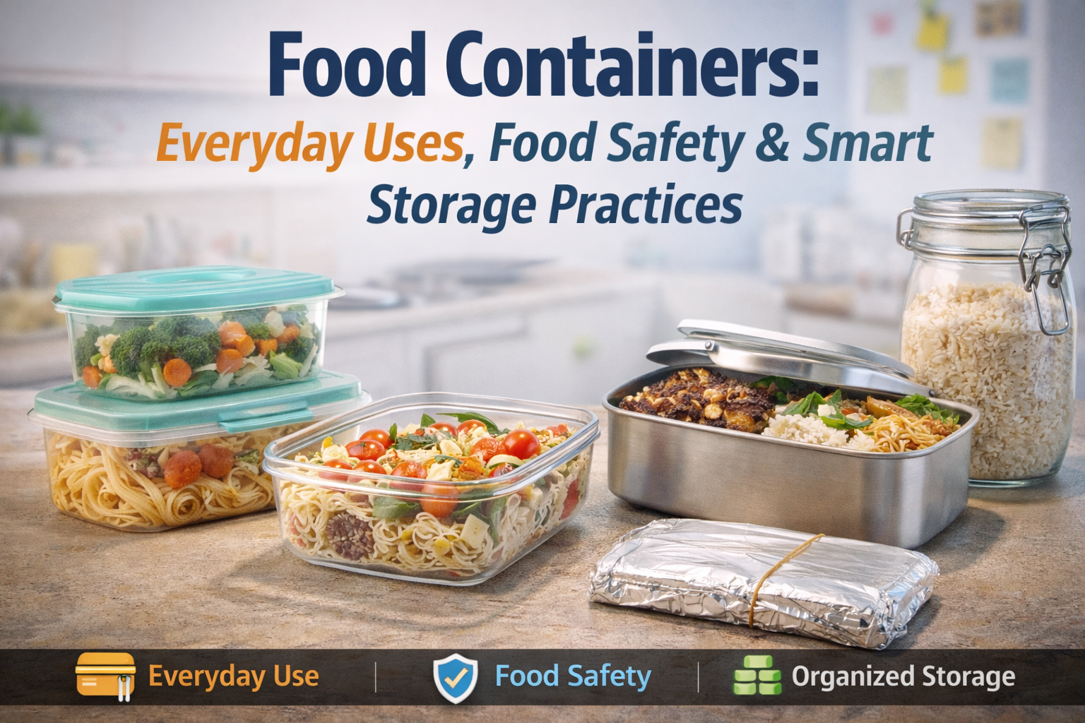 Food containers used for storing leftovers, meal prep, and organized kitchen storage in a modern kitchen