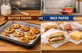 Butter paper vs wax paper comparison showing baking cookies on butter paper and sandwiches wrapped in wax paper