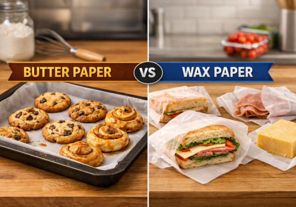 Butter paper vs wax paper comparison showing baking cookies on butter paper and sandwiches wrapped in wax paper
