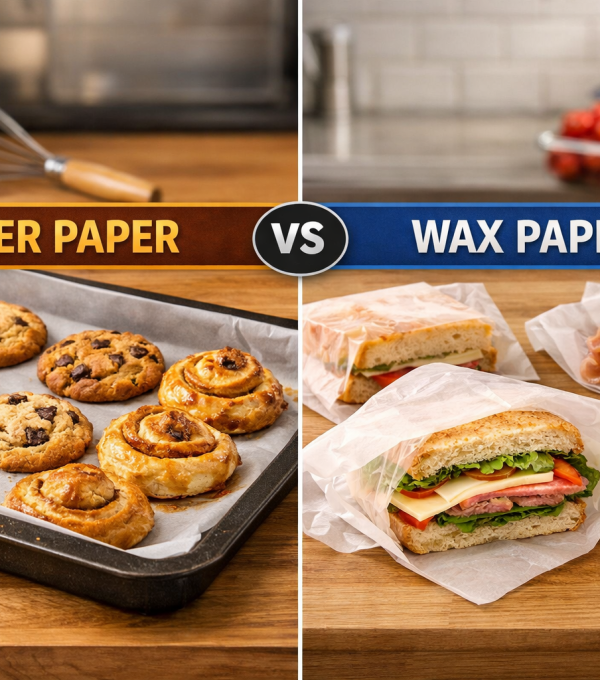 Butter paper vs wax paper comparison showing baking cookies on butter paper and sandwiches wrapped in wax paper