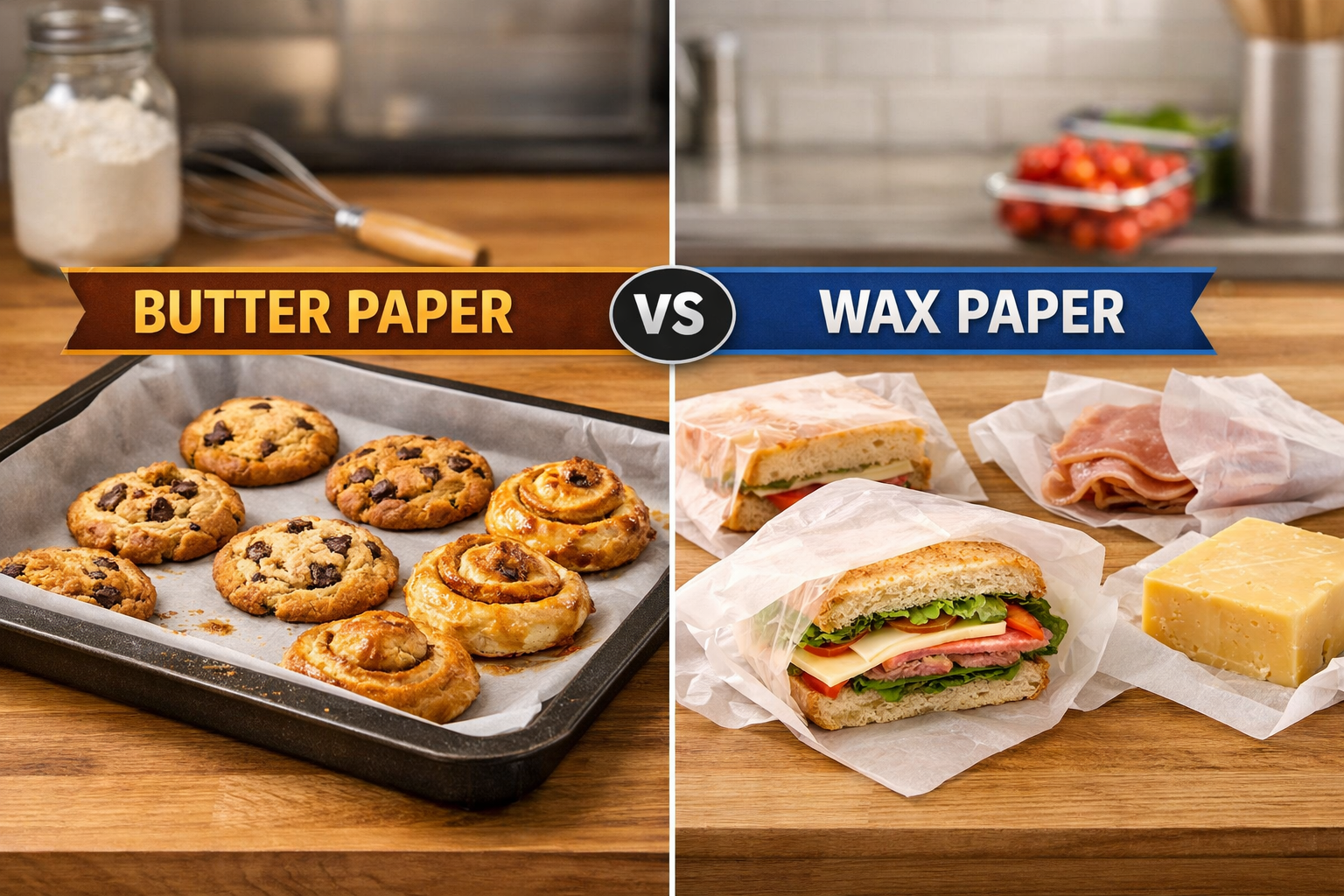 Butter paper vs wax paper comparison showing baking cookies on butter paper and sandwiches wrapped in wax paper