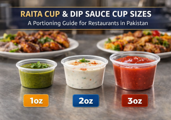 Raita cup and dip sauce cup sizes comparison showing 1oz, 2oz, and 3oz portion cups