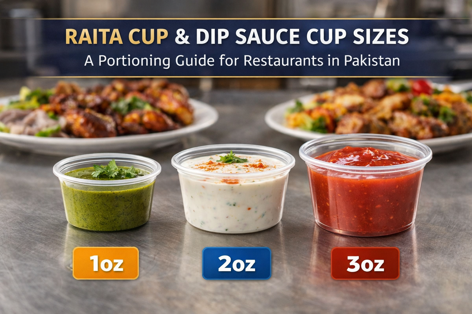 Raita cup and dip sauce cup sizes comparison showing 1oz, 2oz, and 3oz portion cups