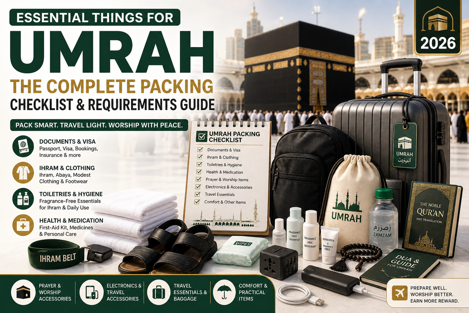 Essential things for Umrah 2026, packing checklist, Ihram clothing, travel essentials, baggage, toiletries, and Umrah requirements near the Kaaba